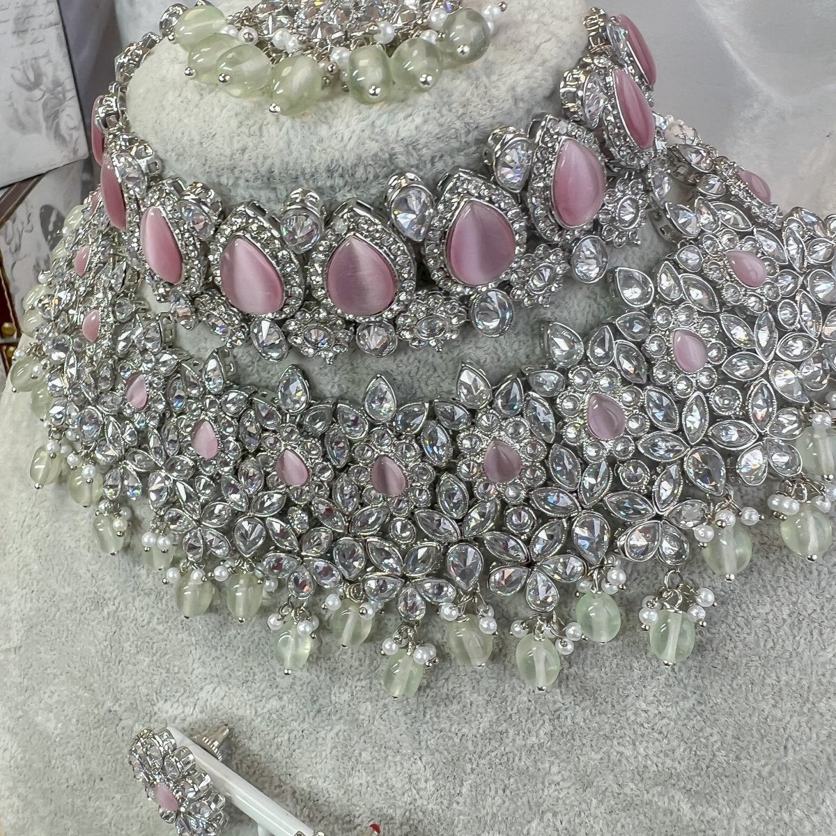 Aafiya Bridal Double necklace set - Pink - Mint - SOKORA JEWELSAafiya Bridal Double necklace set - Pink - Mint
