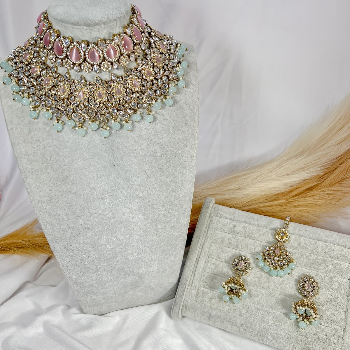 Aafiya Bridal Double necklace set - Pink/Blue - SOKORA JEWELSAafiya Bridal Double necklace set - Pink/Blue