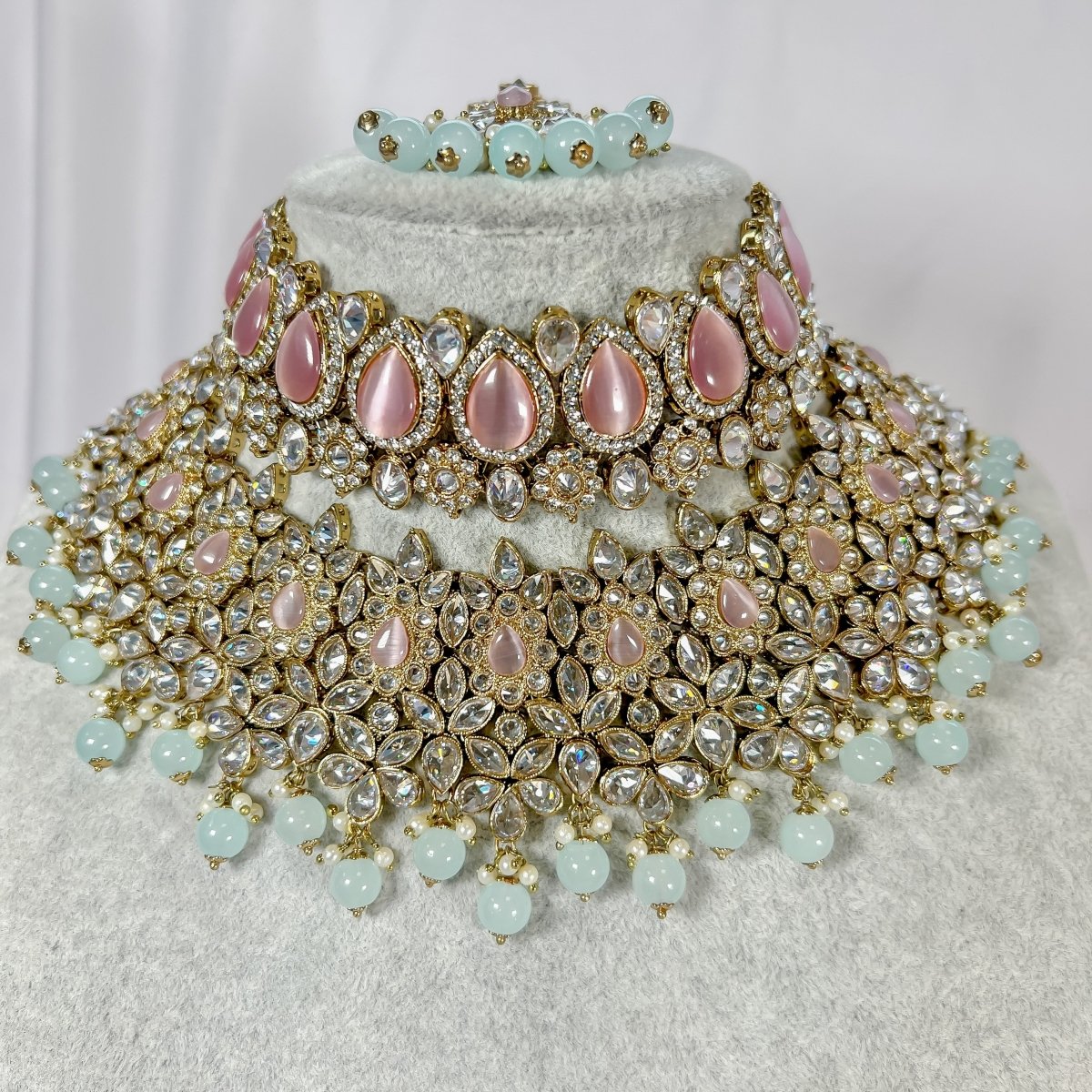 Aafiya Bridal Double necklace set - Pink/Blue - SOKORA JEWELSAafiya Bridal Double necklace set - Pink/Blue