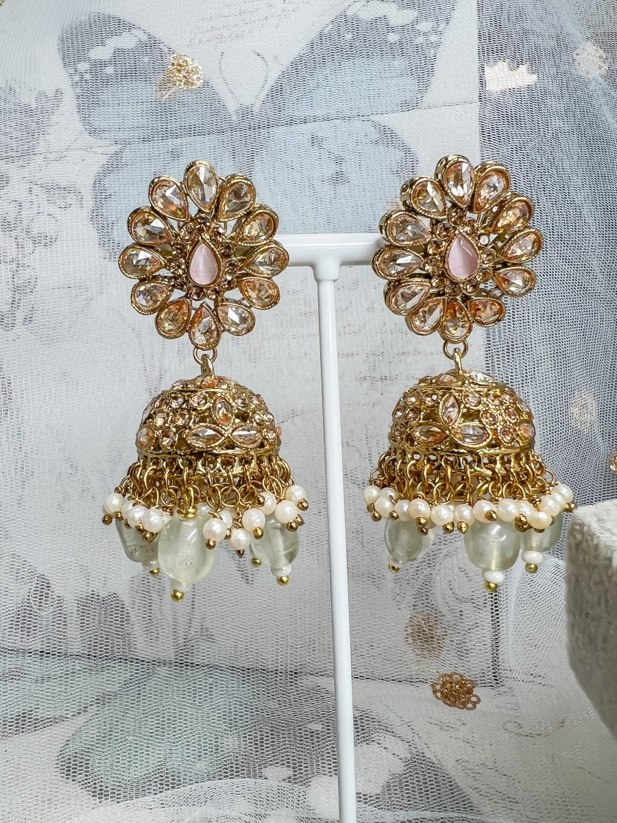 Aafiya Bridal Double necklace set - Pink/Mint - SOKORA JEWELSAafiya Bridal Double necklace set - Pink/Mint