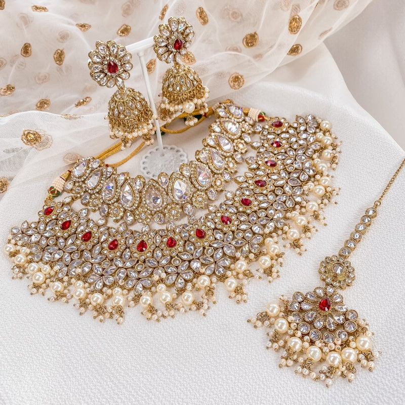 Aafiya Bridal Double necklace set - Red - SOKORA JEWELSAafiya Bridal Double necklace set - Red