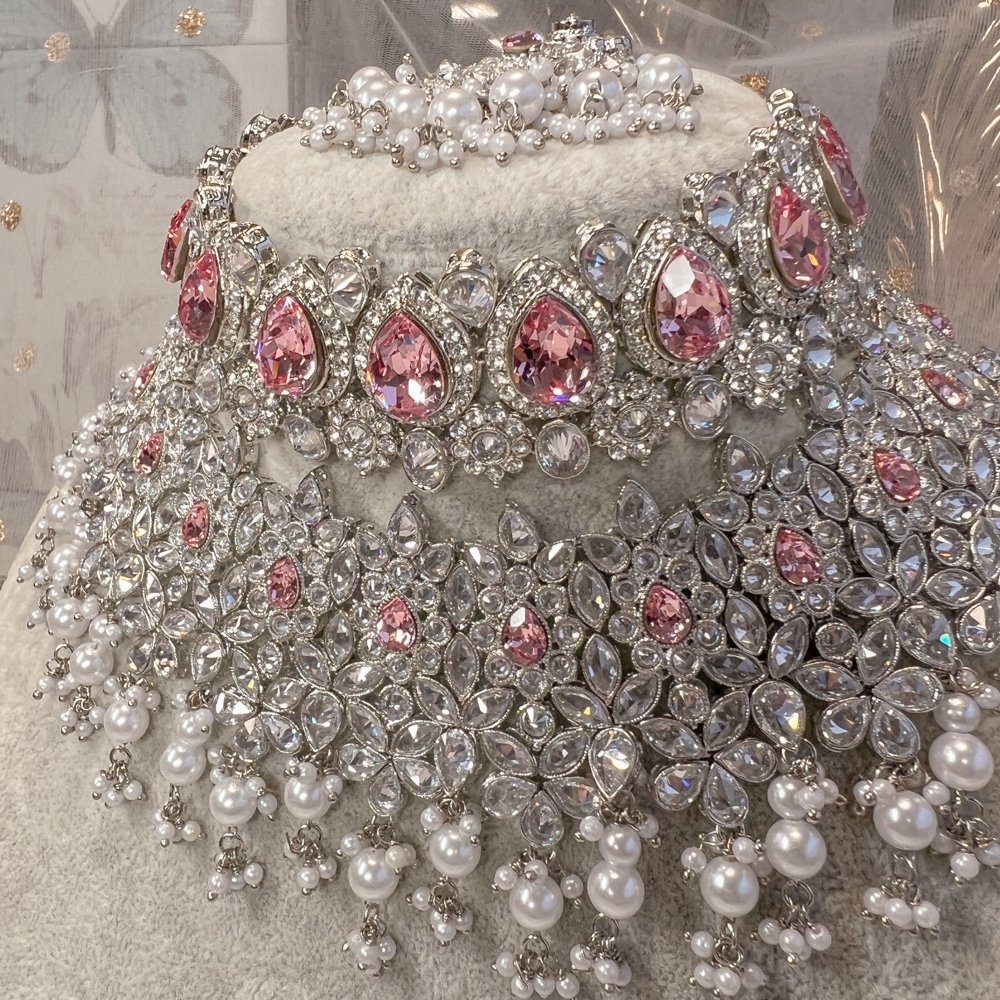 Aafiya Bridal Double necklace set Silver - Pink – SOKORA JEWELS