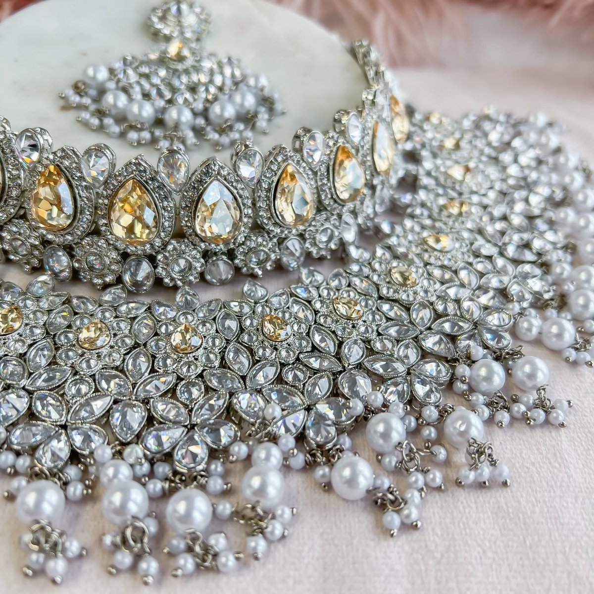 Aafiya Silver Bridal Necklace Set - Golden Shimmer - SOKORA JEWELSAafiya Silver Bridal Necklace Set - Golden Shimmer