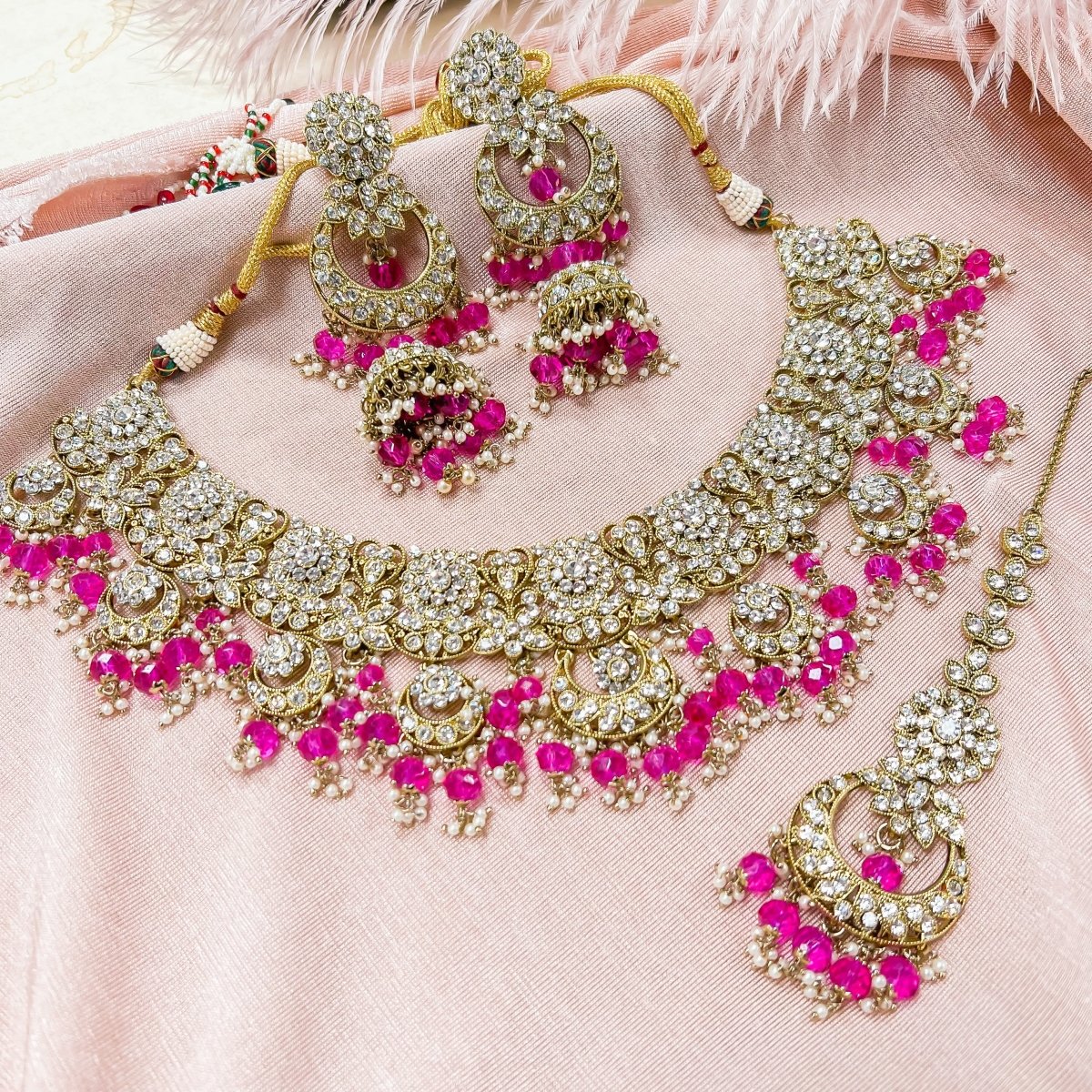 Pink Crystal and Fuchsia Beads Necklace - Garden Party Collection Vintage  Jewelry