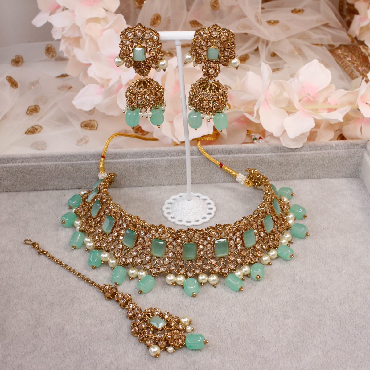 Pista Green Color Kundan Polki Choker Necklace Set | JCS Fashions