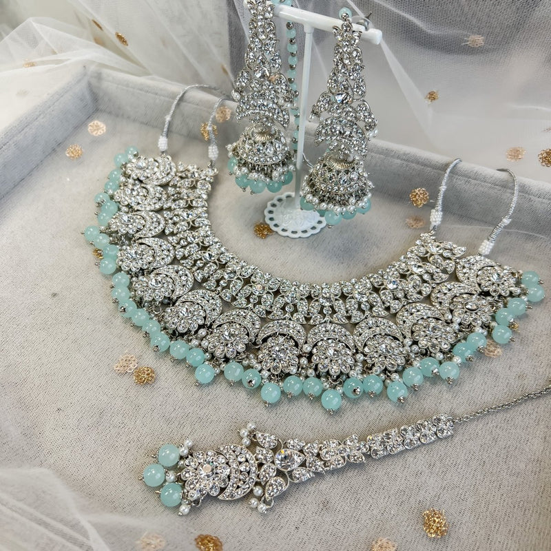 Aleena Silver Necklace set - Blue - SOKORA JEWELSAleena Silver Necklace set - Blue