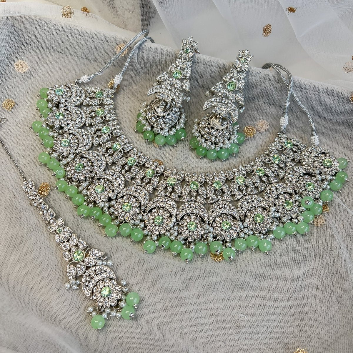 Aleena Silver Necklace set - Mint - SOKORA JEWELSAleena Silver Necklace set - Mint