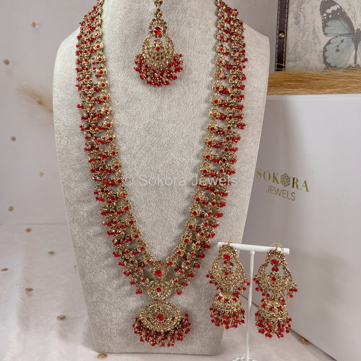 Amulya Long Necklace set - Red - SOKORA JEWELSAmulya Long Necklace set - Red