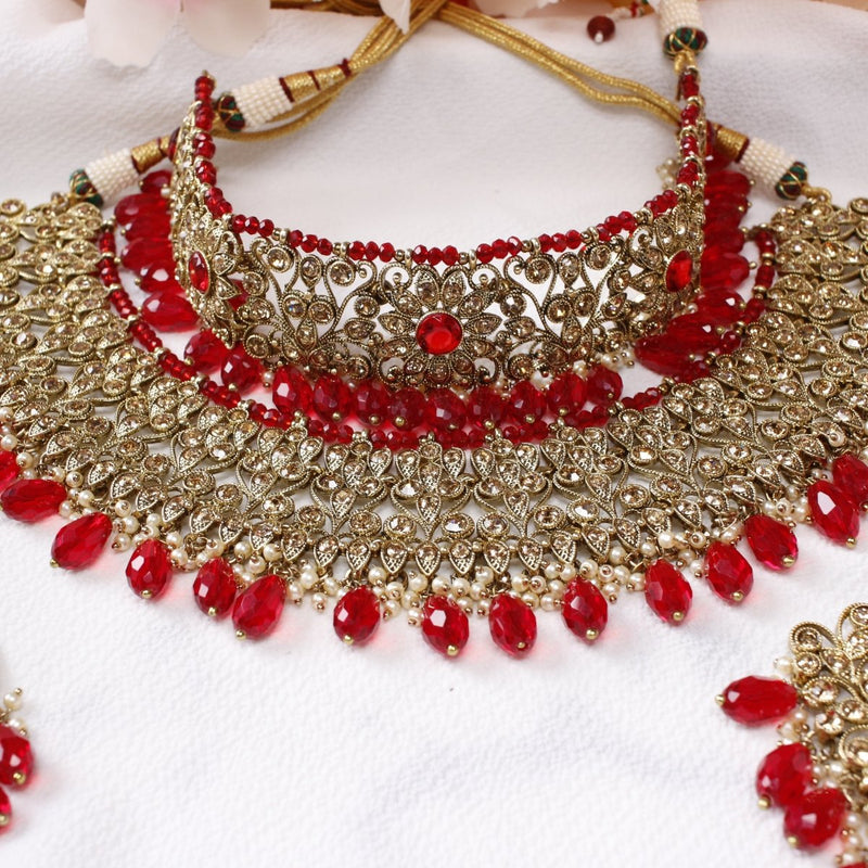 Anita Bridal Double necklace set - Golden/Red - SOKORA JEWELSAnita Bridal Double necklace set - Golden/Red