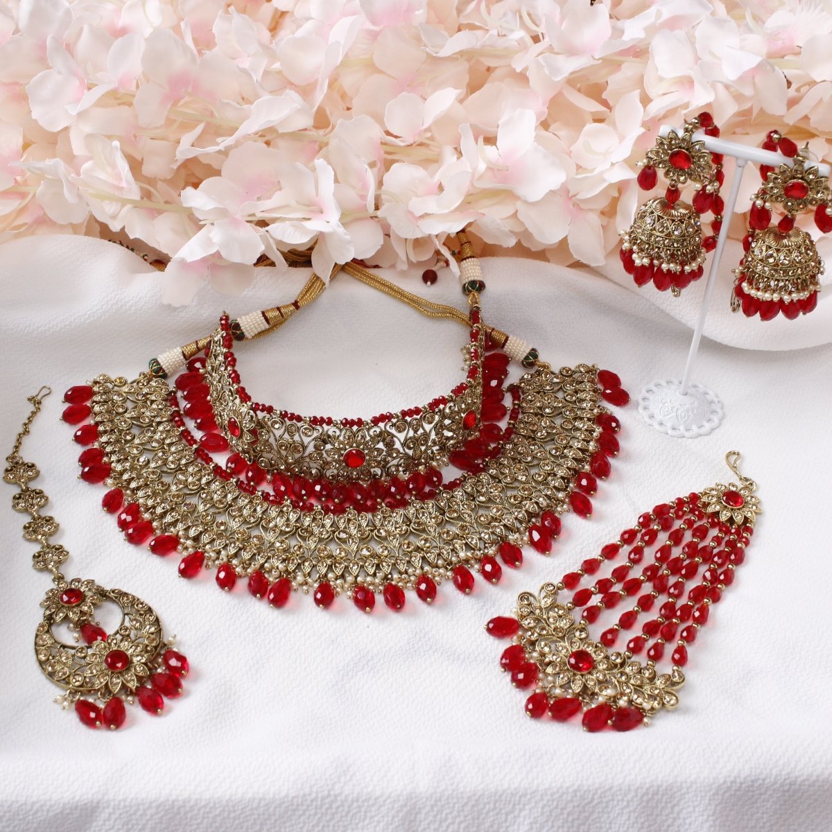 Anita Bridal Double necklace set - Golden/Red - SOKORA JEWELSAnita Bridal Double necklace set - Golden/Red
