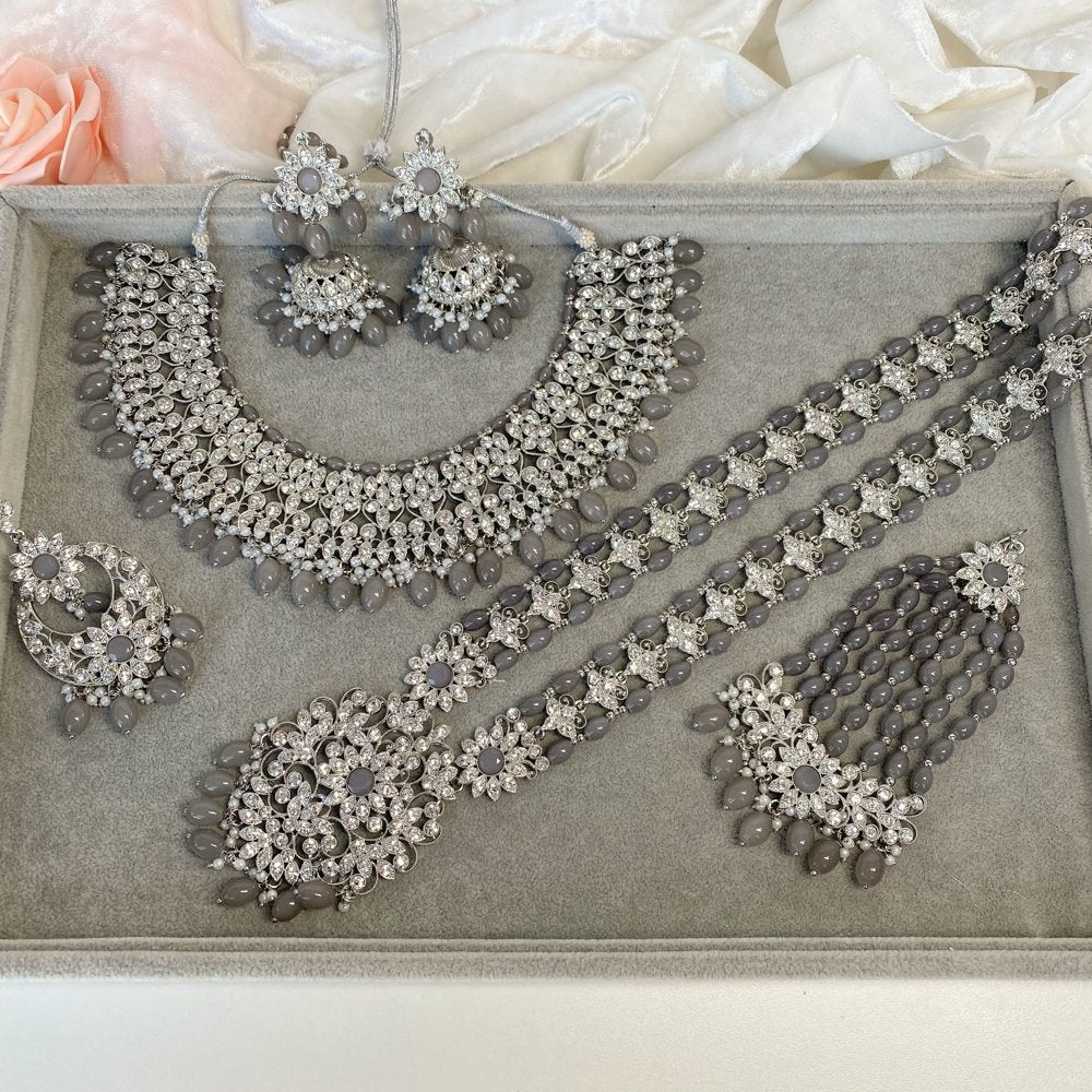 Anita Silver Bridal necklace set - Grey - SOKORA JEWELSAnita Silver Bridal necklace set - Grey