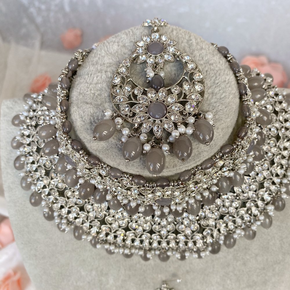 Anita Silver Bridal necklace set - Grey - SOKORA JEWELSAnita Silver Bridal necklace set - Grey