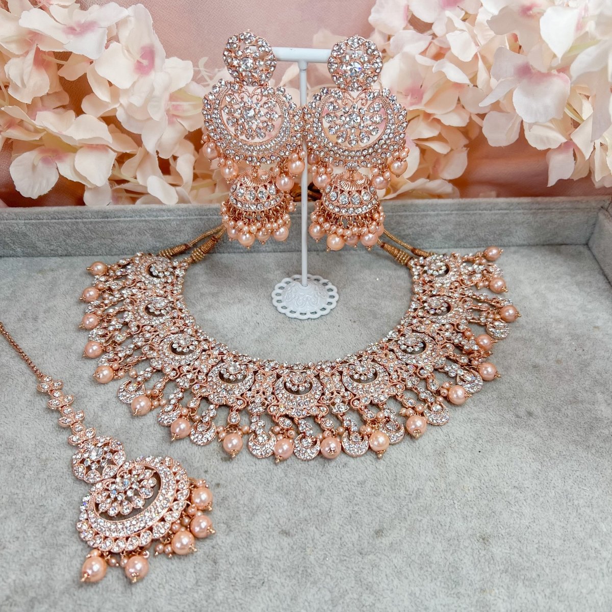 ROSE GOLD Plated Peach Crystal Wedding Jewelry Set Necklace Earrings 8214  Prom | eBay