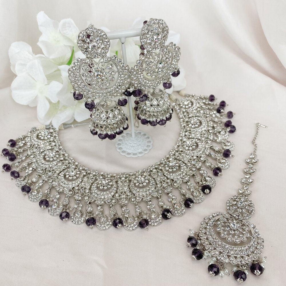 Avleen Silver Bridal Necklace set - Plum - SOKORA JEWELSAvleen Silver Bridal Necklace set - Plum
