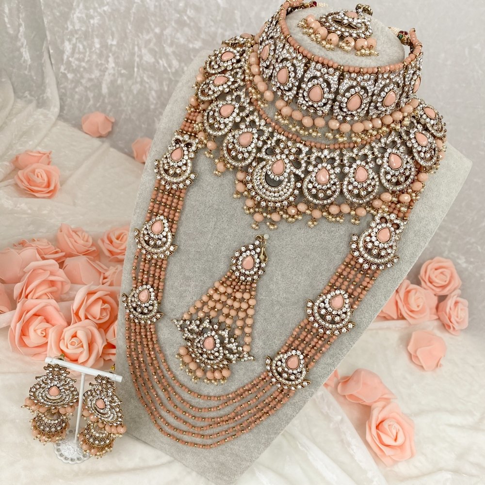 Bilqees Bridal Double necklace set - Peach - SOKORA JEWELSBilqees Bridal Double necklace set - Peach
