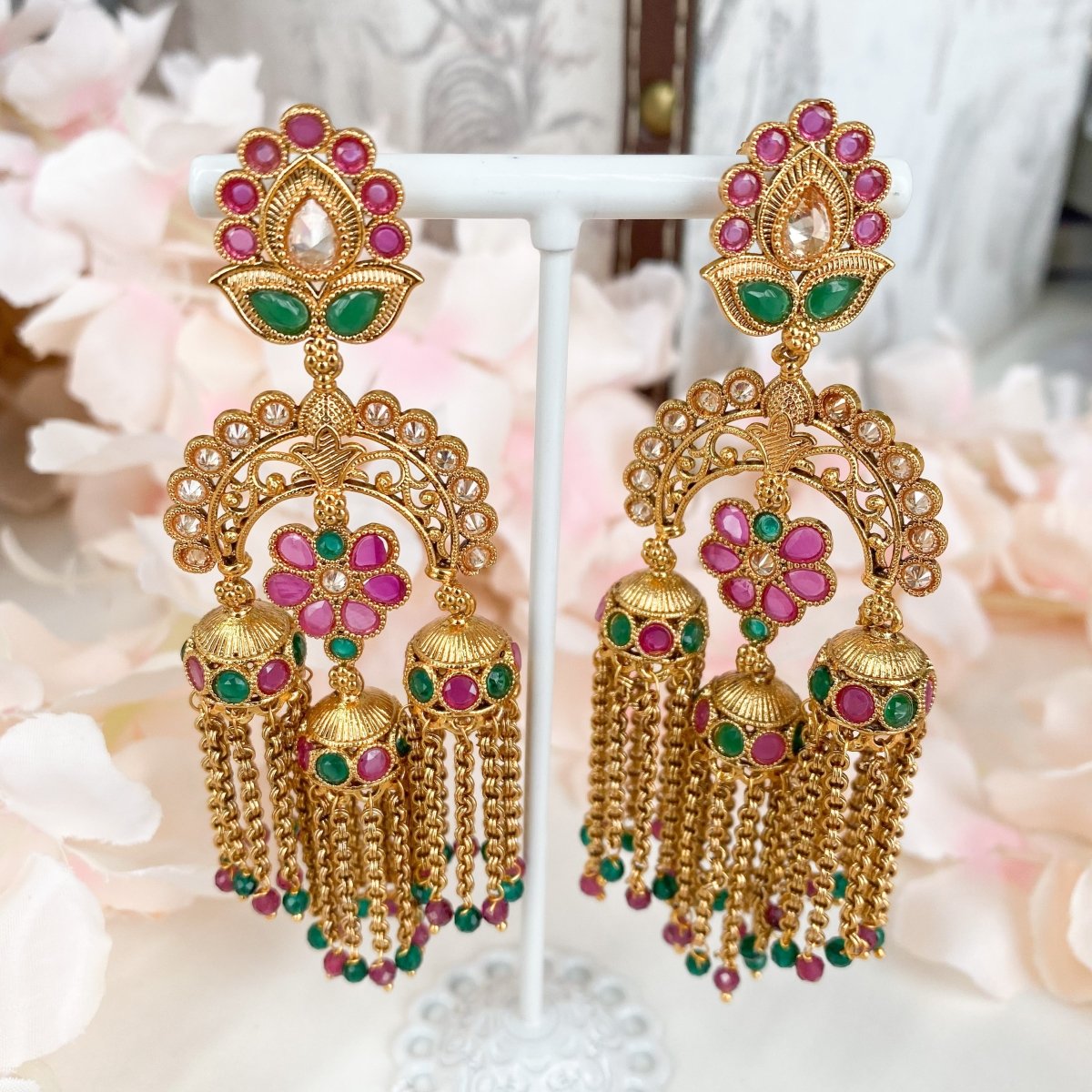 Crunchy Fashion Retro Big Gold Jhumka With Red Beads Long Chain Tassel  Hangers Earrings RAE1786