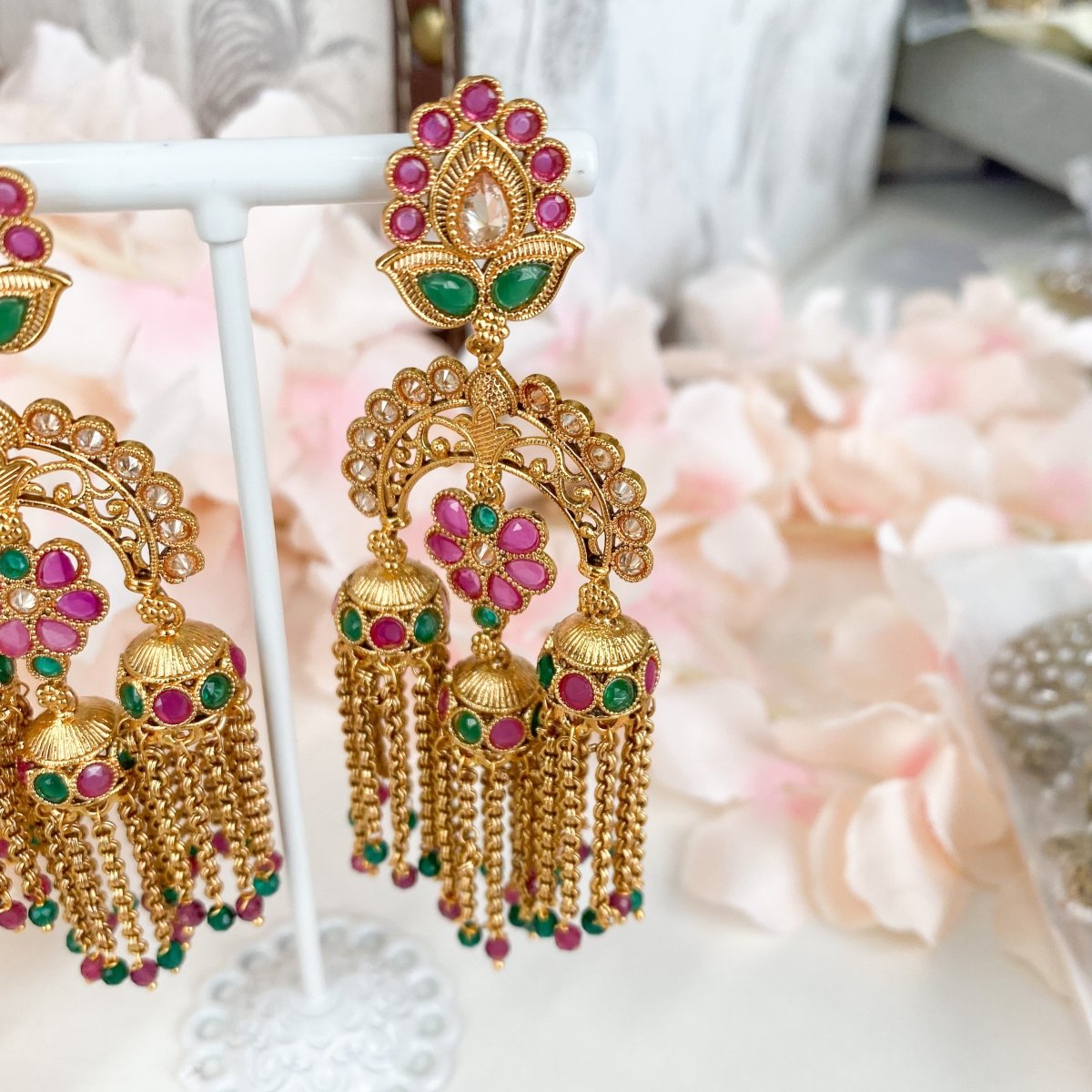 Beaded Golden and Purple Tasseled Jhumka Earrings Jewelry 303JW04