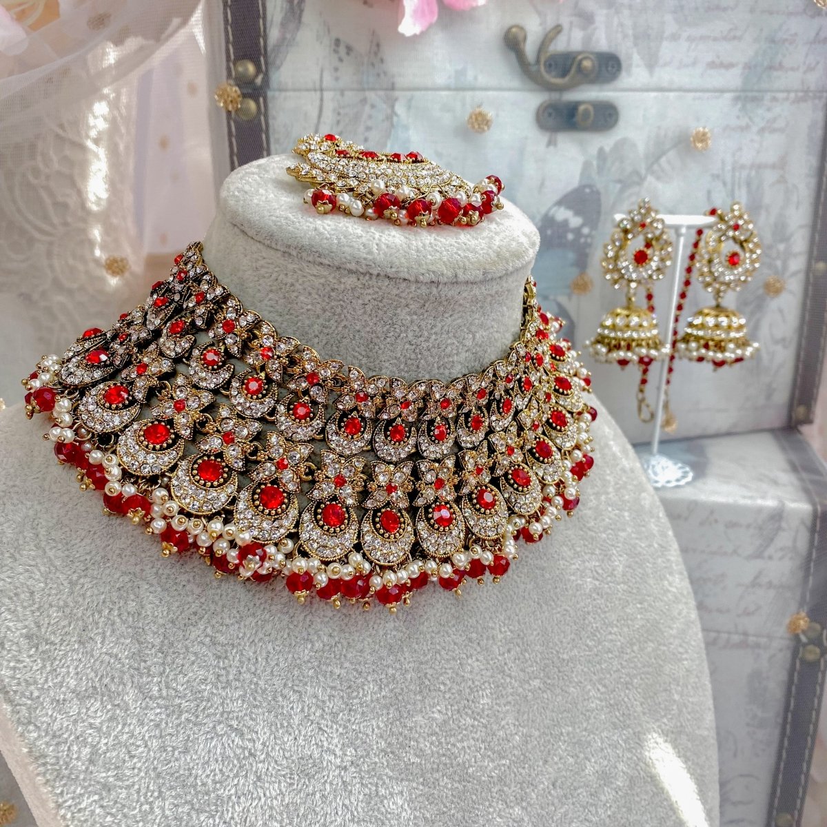 Camelia Bridal Necklace set - Red - SOKORA JEWELSCamelia Bridal Necklace set - Red