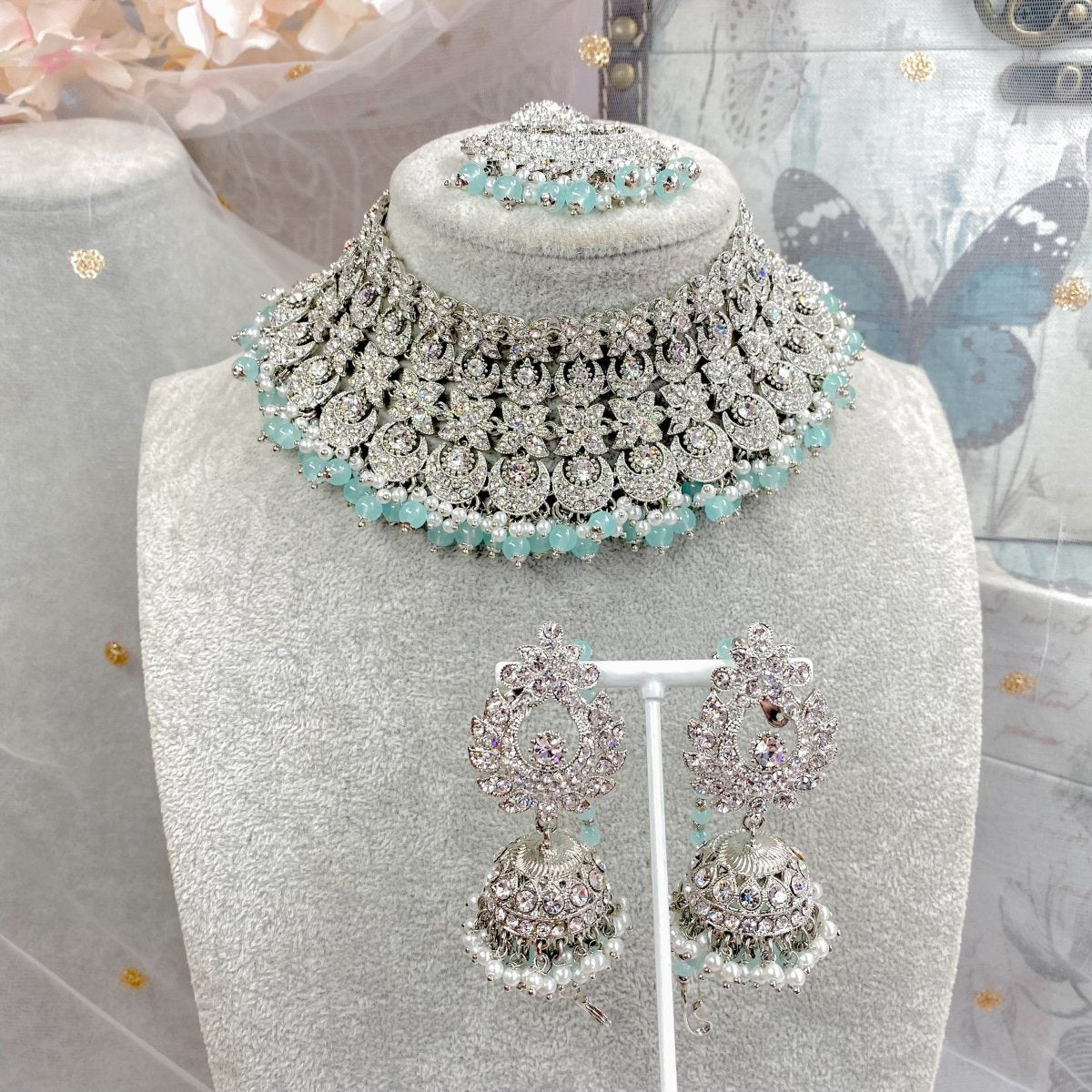 Camelia Silver Necklace set - Light Blue - SOKORA JEWELSCamelia Silver Necklace set - Light Blue