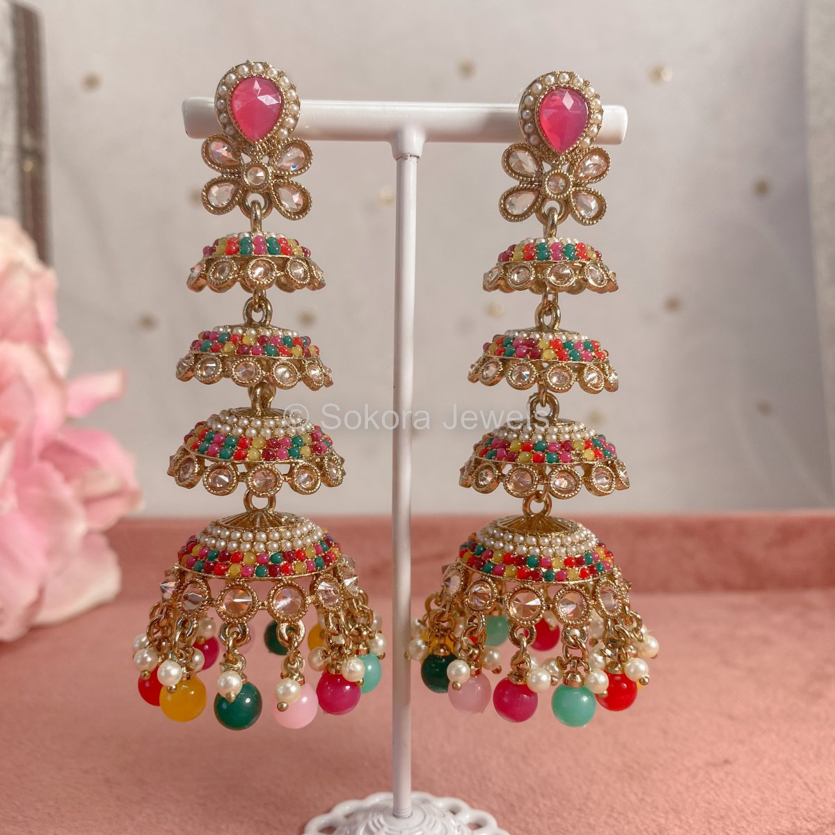 Cascading Jhumka Earrings - Multicolour - SOKORA JEWELSCascading Jhumka Earrings - Multicolour