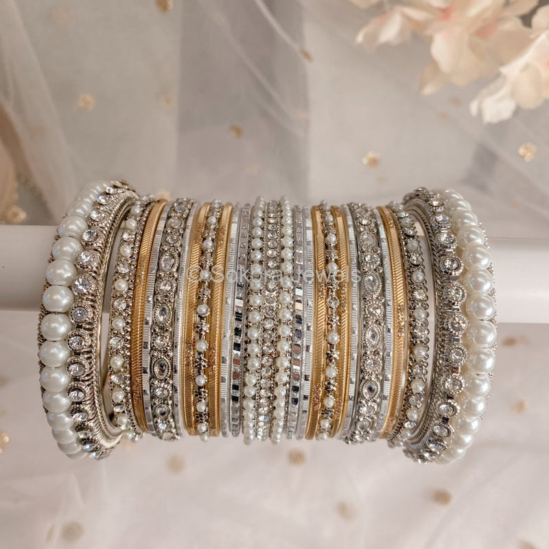 Chunky Pearl Bangle Set - Silver & Gold - SOKORA JEWELSChunky Pearl Bangle Set - Silver & GoldBANGLES