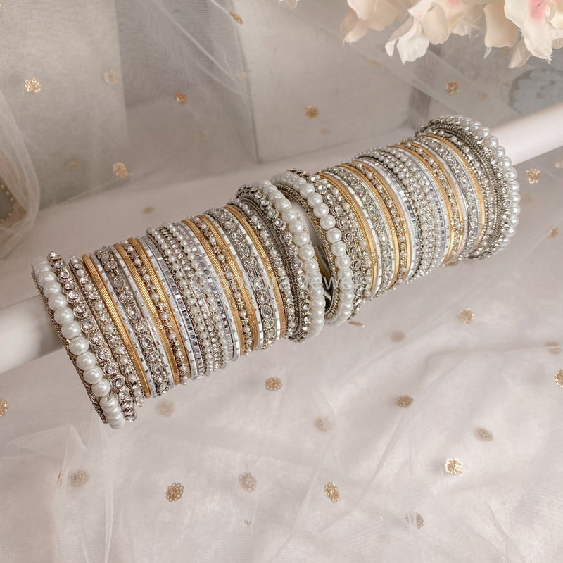 Chunky Pearl Bangle Set - Silver & Gold - SOKORA JEWELSChunky Pearl Bangle Set - Silver & GoldBANGLES