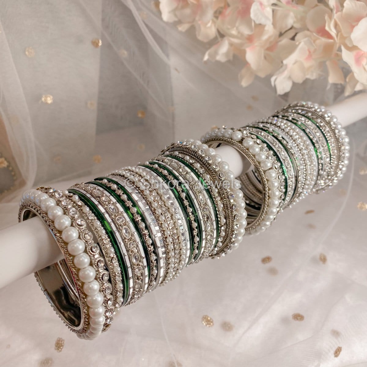 Chunky Pearl Bangle Set - Silver & Green – SOKORA JEWELS