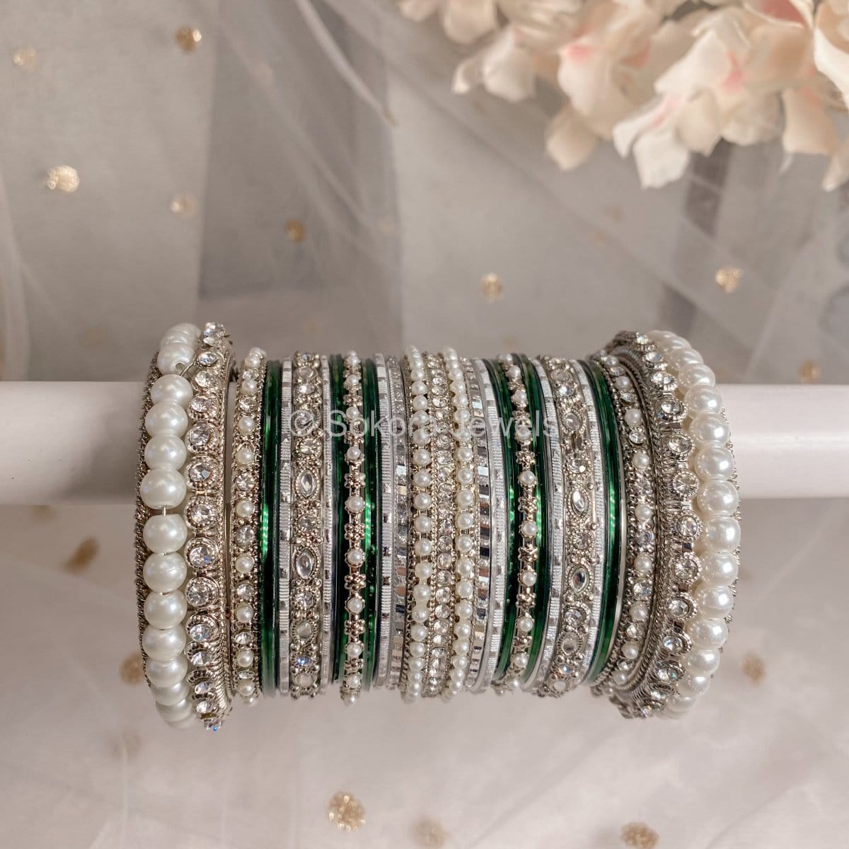 Chunky Pearl Bangle Set - Silver & Green – SOKORA JEWELS