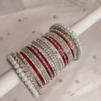 Chunky Pearl Bangle Set - Silver & Maroon - SOKORA JEWELSChunky Pearl Bangle Set - Silver & MaroonBANGLES