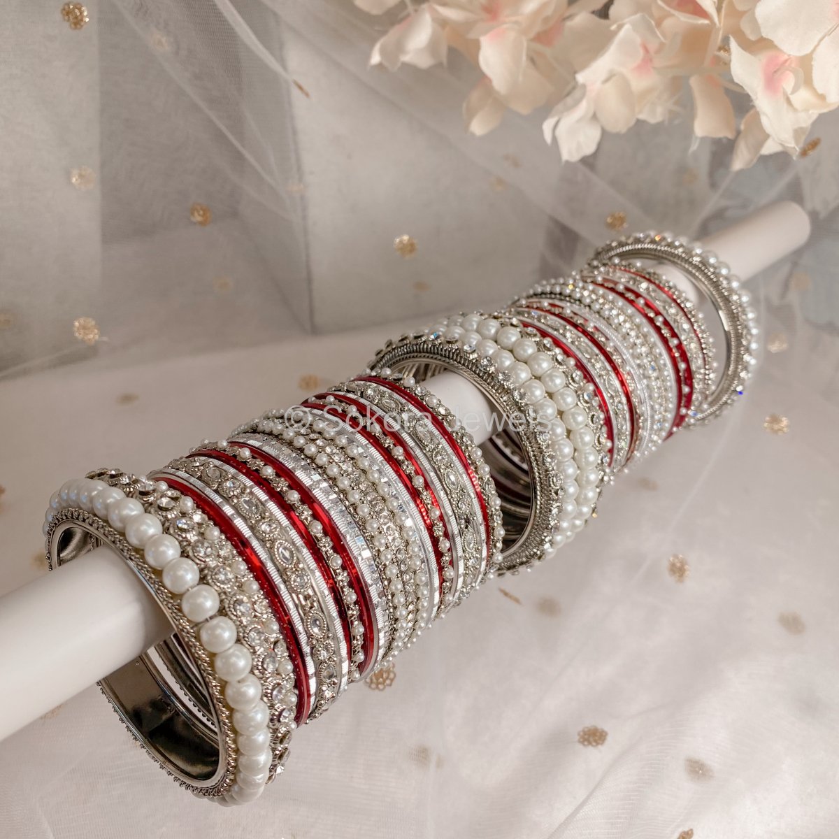 Chunky Pearl Bangle Set - Silver & Maroon - SOKORA JEWELSChunky Pearl Bangle Set - Silver & MaroonBANGLES