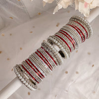 Chunky Pearl Bangle Set - Silver & Maroon - SOKORA JEWELSChunky Pearl Bangle Set - Silver & MaroonBANGLES