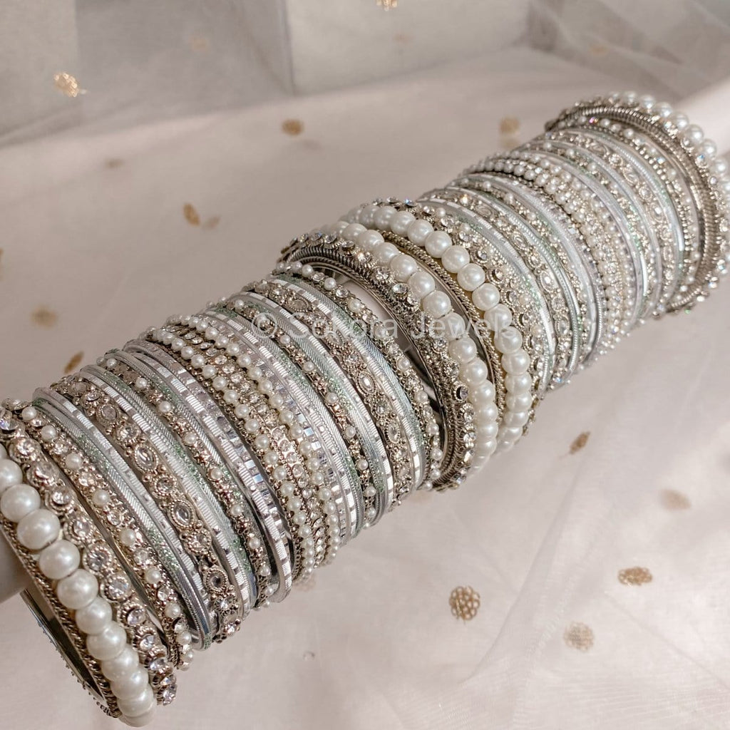 Chunky Pearl Bangle Set - Silver & Pale Mint – SOKORA JEWELS