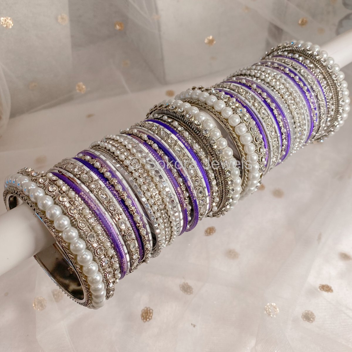 Chunky Pearl Bangle Set - Silver & Purple - SOKORA JEWELSChunky Pearl Bangle Set - Silver & PurpleBANGLES