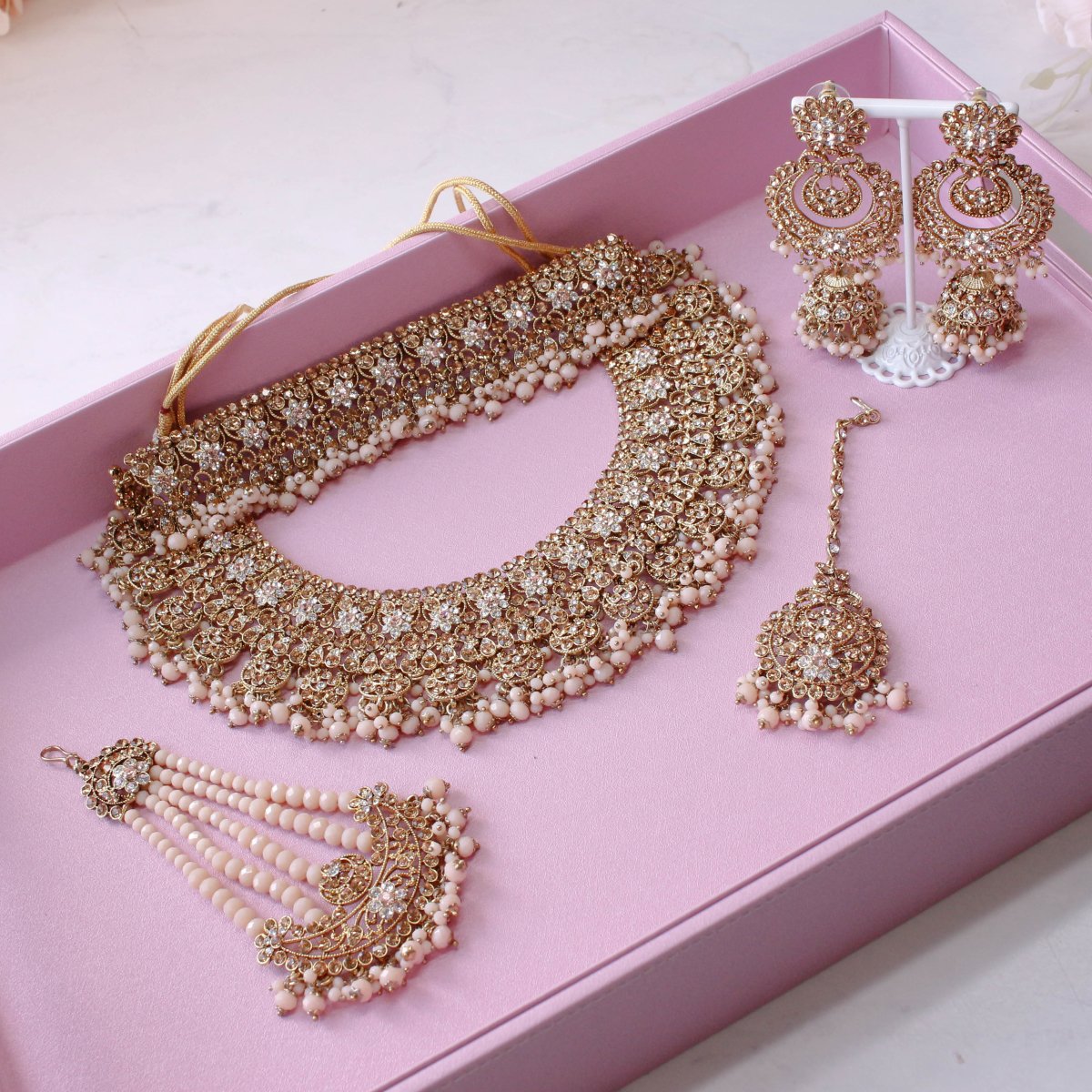 Deandra Bridal Double necklace set - Peach - SOKORA JEWELSDeandra Bridal Double necklace set - Peach
