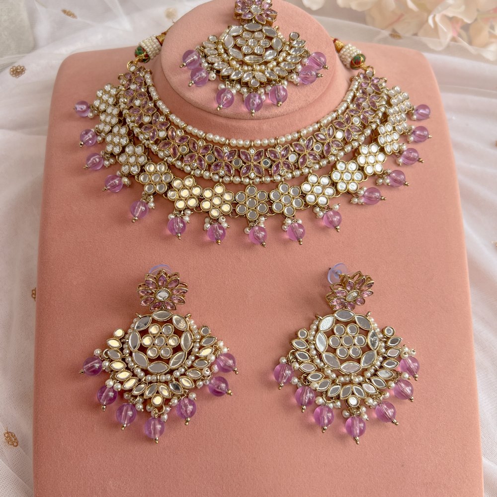 Ekta Mirrored Necklace set - Lilac - SOKORA JEWELSEkta Mirrored Necklace set - LilacNECKLACE SETS