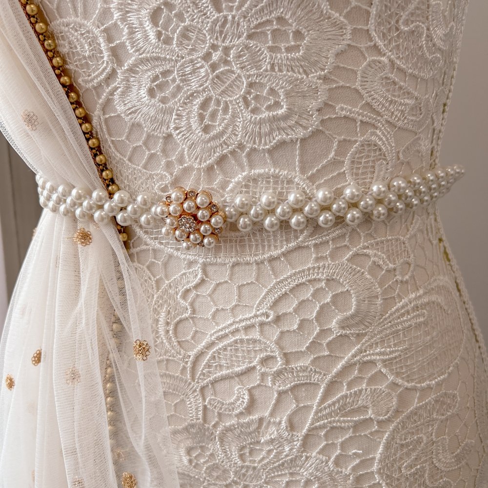 Golden Mirror Hand Embroidered Waist Belt With Crystal and Pearl