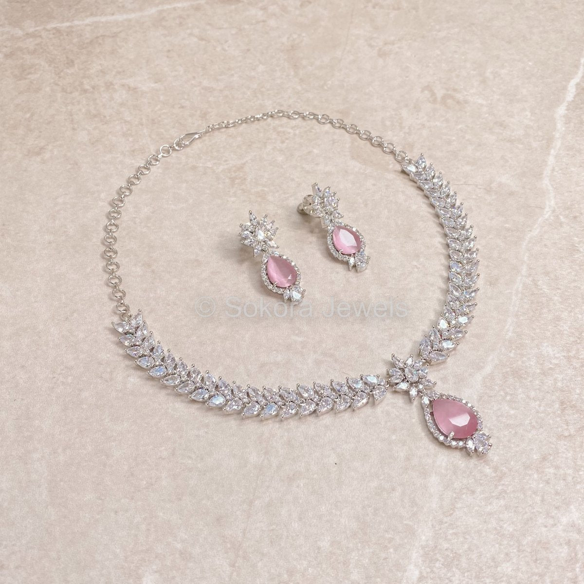 Fleur Drop Diamante Set - Pink - SOKORA JEWELSFleur Drop Diamante Set - PinkNECKLACE SETS