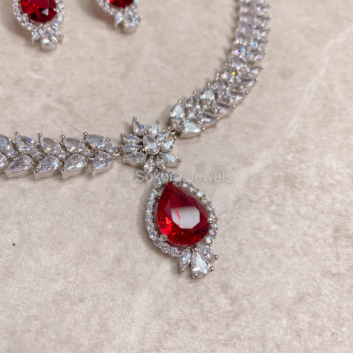 Fleur Drop Diamante Set - Red - SOKORA JEWELSFleur Drop Diamante Set - RedNECKLACE SETS