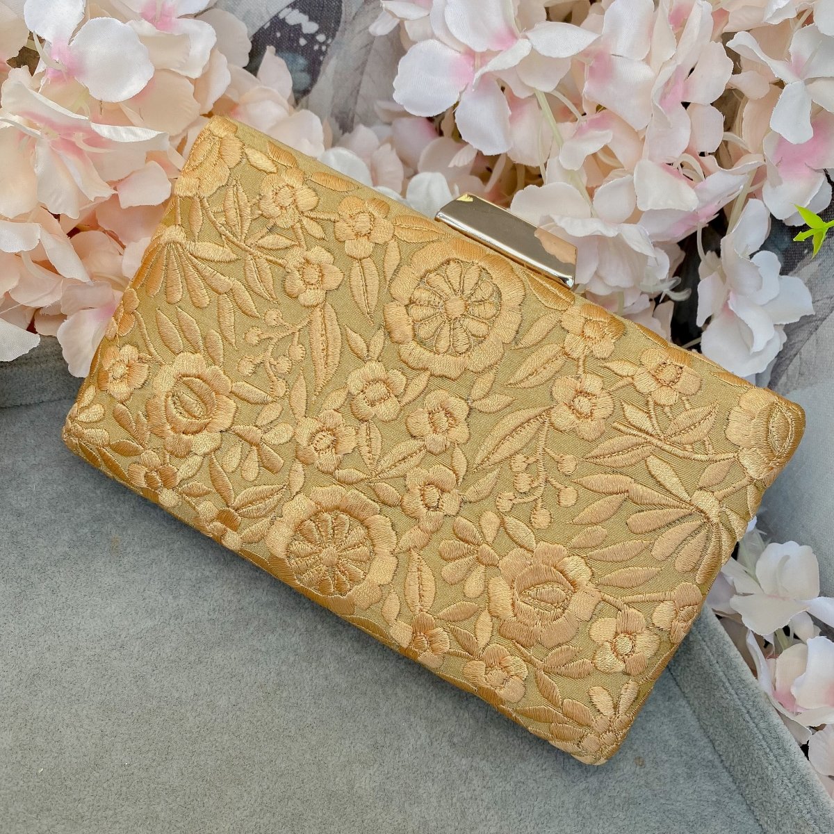 Floral Embroidered Detail Clutch Bag Gold SOKORA JEWELS