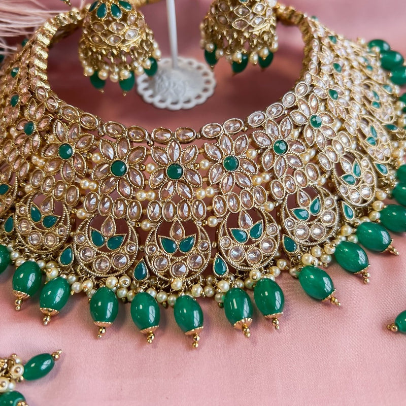 Green Bead Bridal Antique Gold Necklace Set - SOKORA JEWELSGreen Bead Bridal Antique Gold Necklace Set