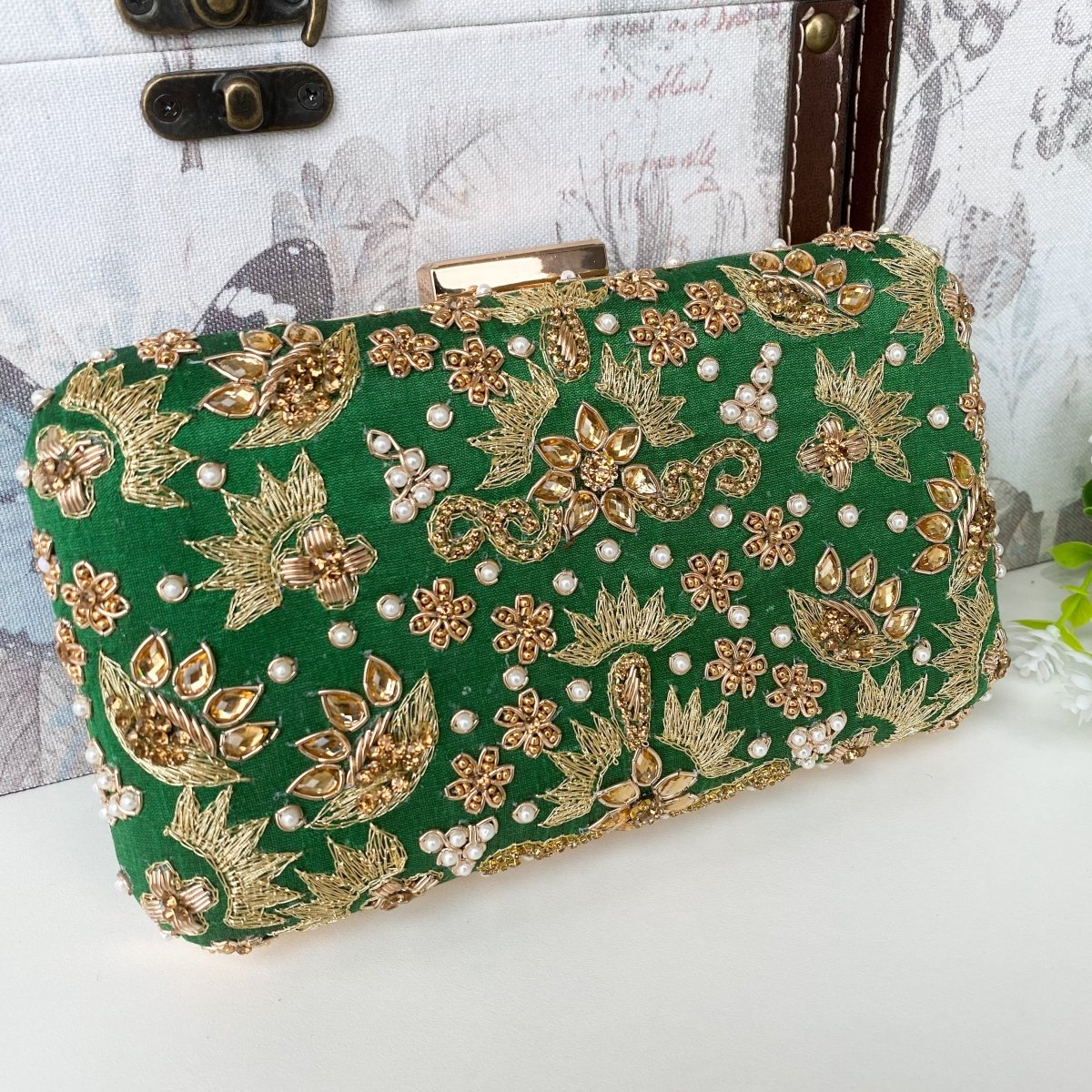 Green and Golden Unique Party Clutch - Stylish Accessories
