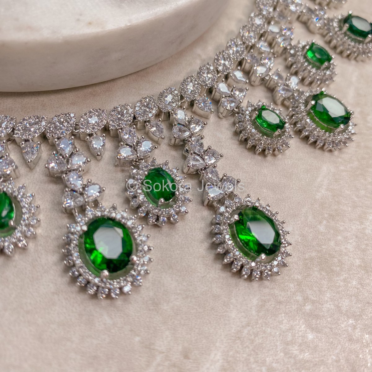 Katrina Silver Drop Diamante Set - Green - SOKORA JEWELSKatrina Silver Drop Diamante Set - GreenNECKLACE SETS