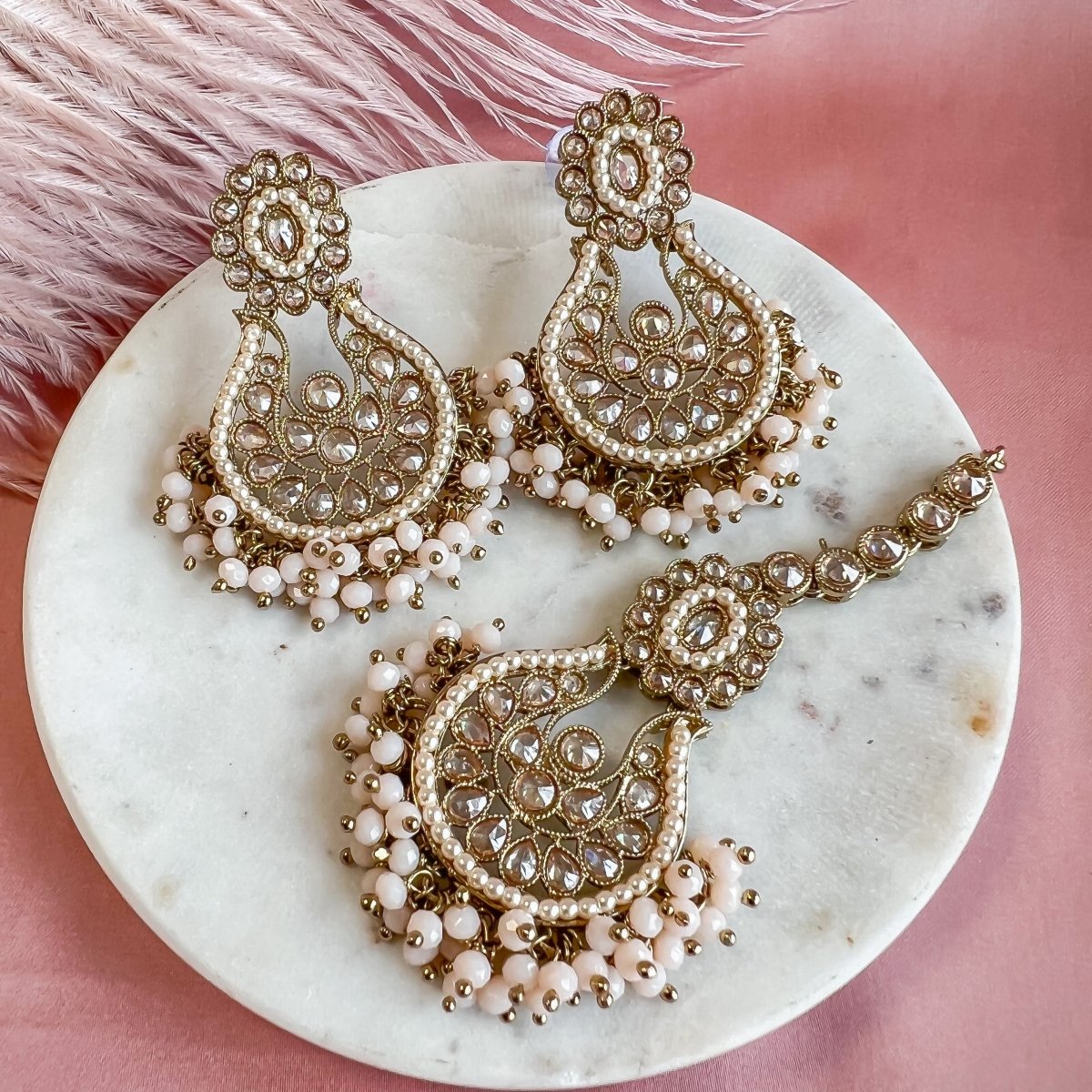 Kuhali Earrings and Tikka sets - Peach - SOKORA JEWELSKuhali Earrings and Tikka sets - Peach