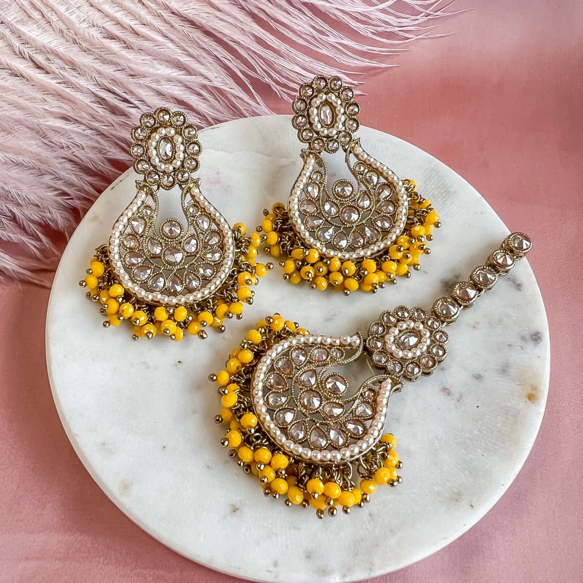 Kuhali Earrings and Tikka sets - Yellow - SOKORA JEWELSKuhali Earrings and Tikka sets - Yellow
