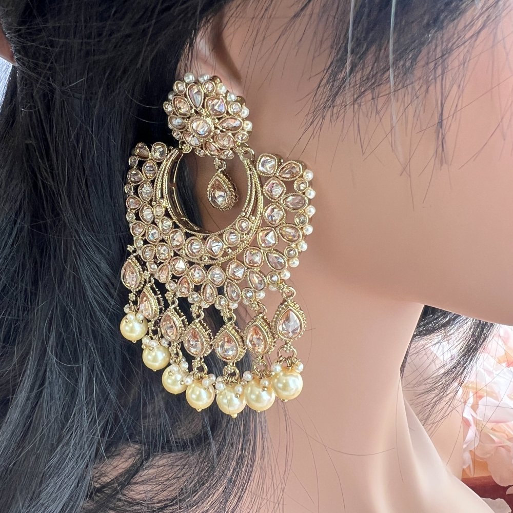 Large Antique Gold Chandbali Earrings - SOKORA JEWELSLarge Antique Gold Chandbali Earrings