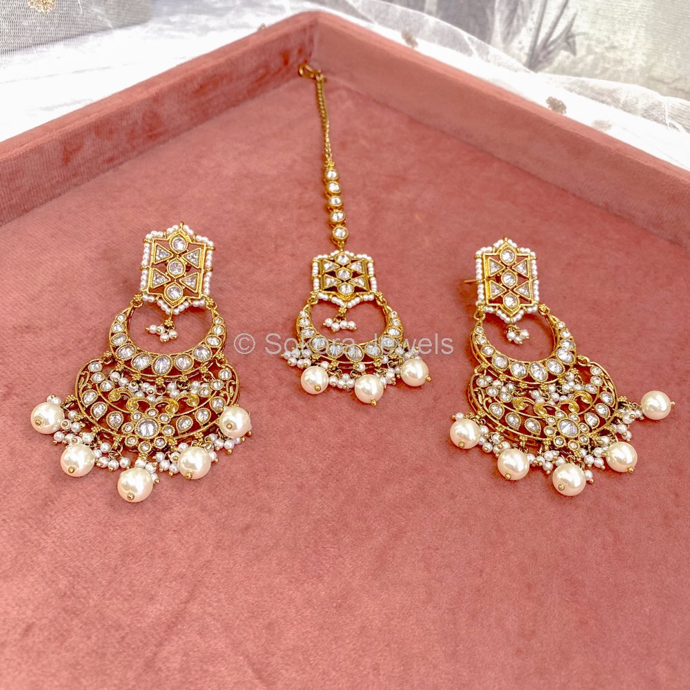 New Bridal Maang Tikka Earrings Set Pearl Jhumka CZ Gold Tone Indian  Jewelry | eBay