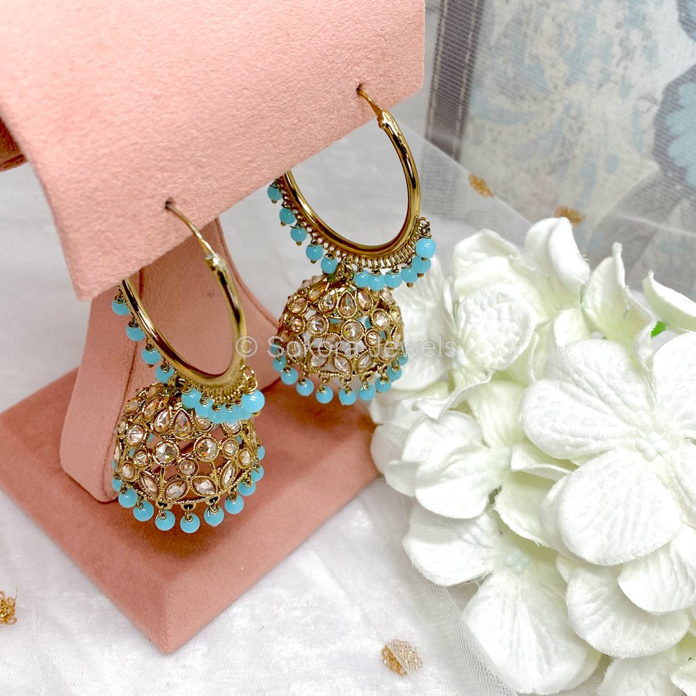 Light weight chandbali teal blue minakari earrings with pearl and bead –  Prashanti Sarees