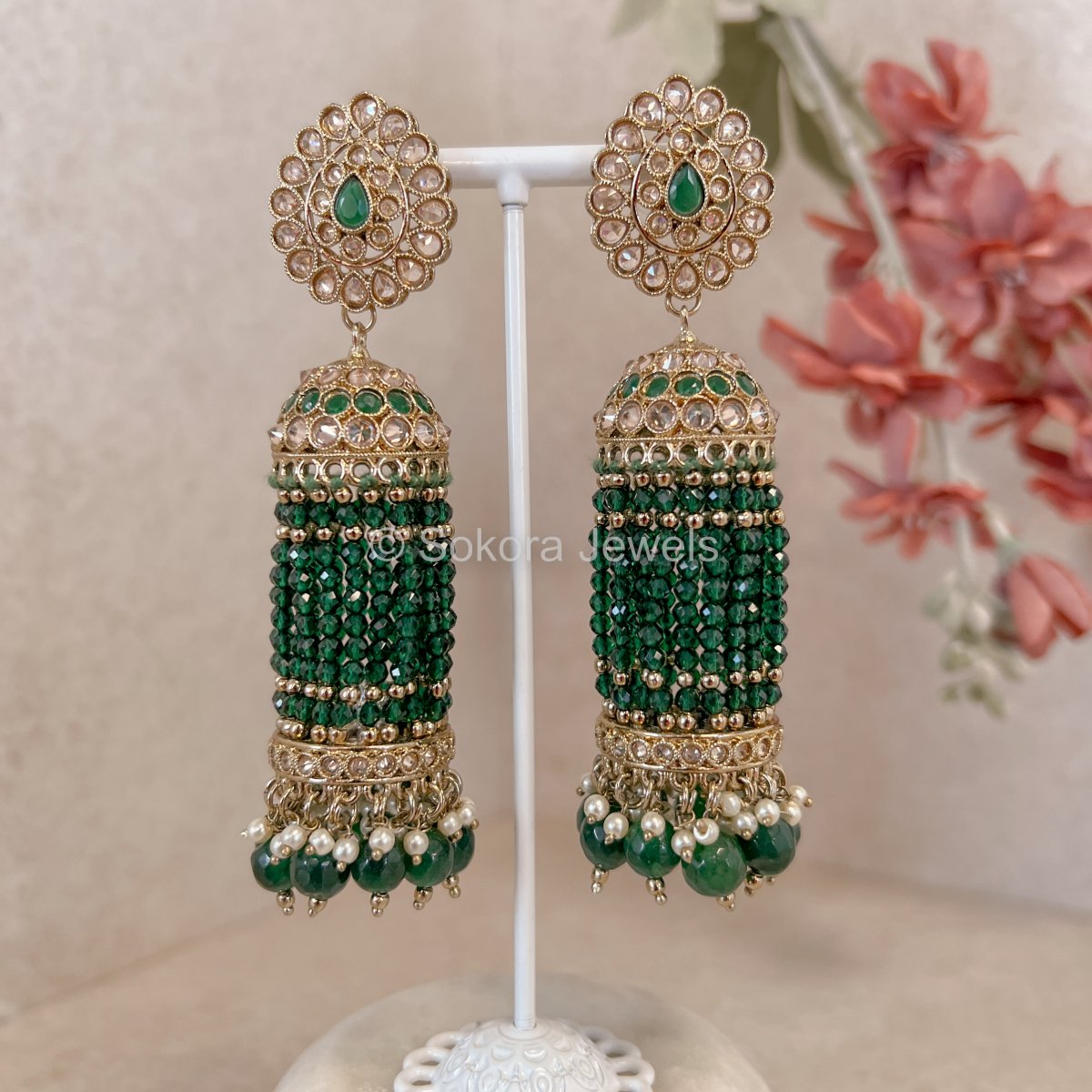 Long Green Jhumka Earrings - SOKORA JEWELSLong Green Jhumka Earrings