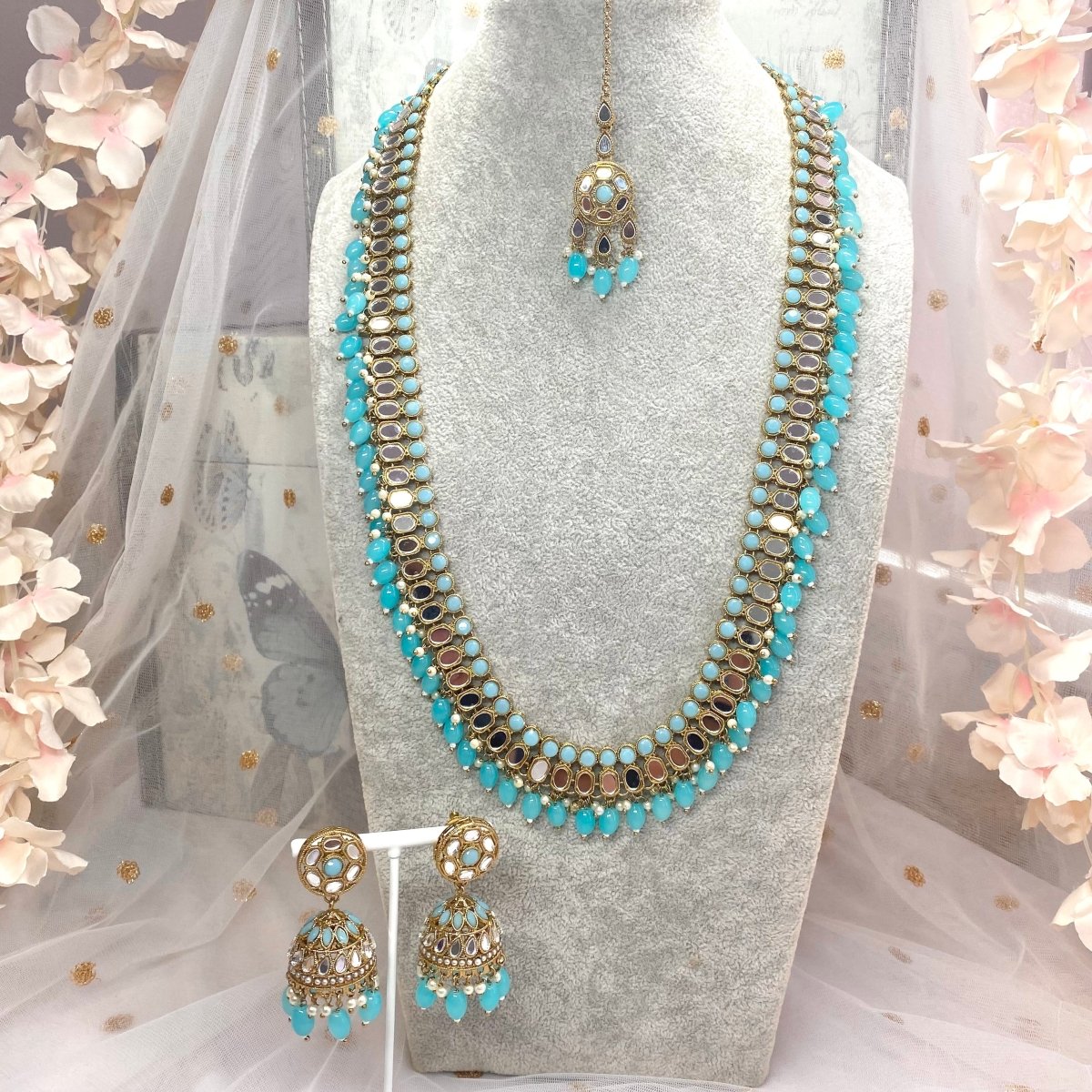 Long Mirrored Necklace set - Blue - SOKORA JEWELSLong Mirrored Necklace set - Blue