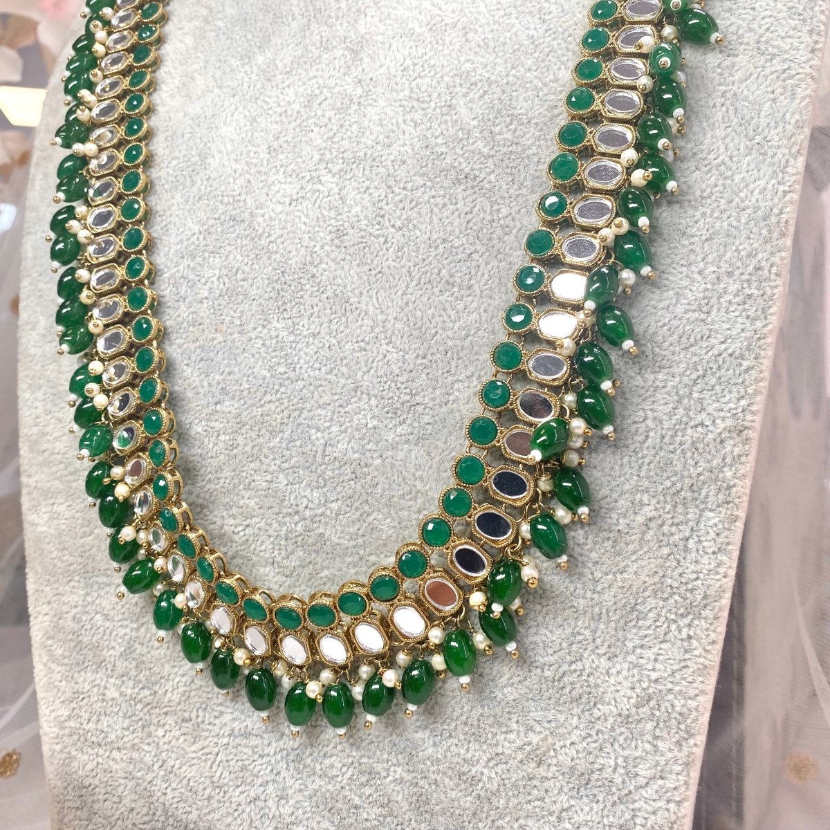 Long Mirrored Necklace set - Green - SOKORA JEWELSLong Mirrored Necklace set - Green
